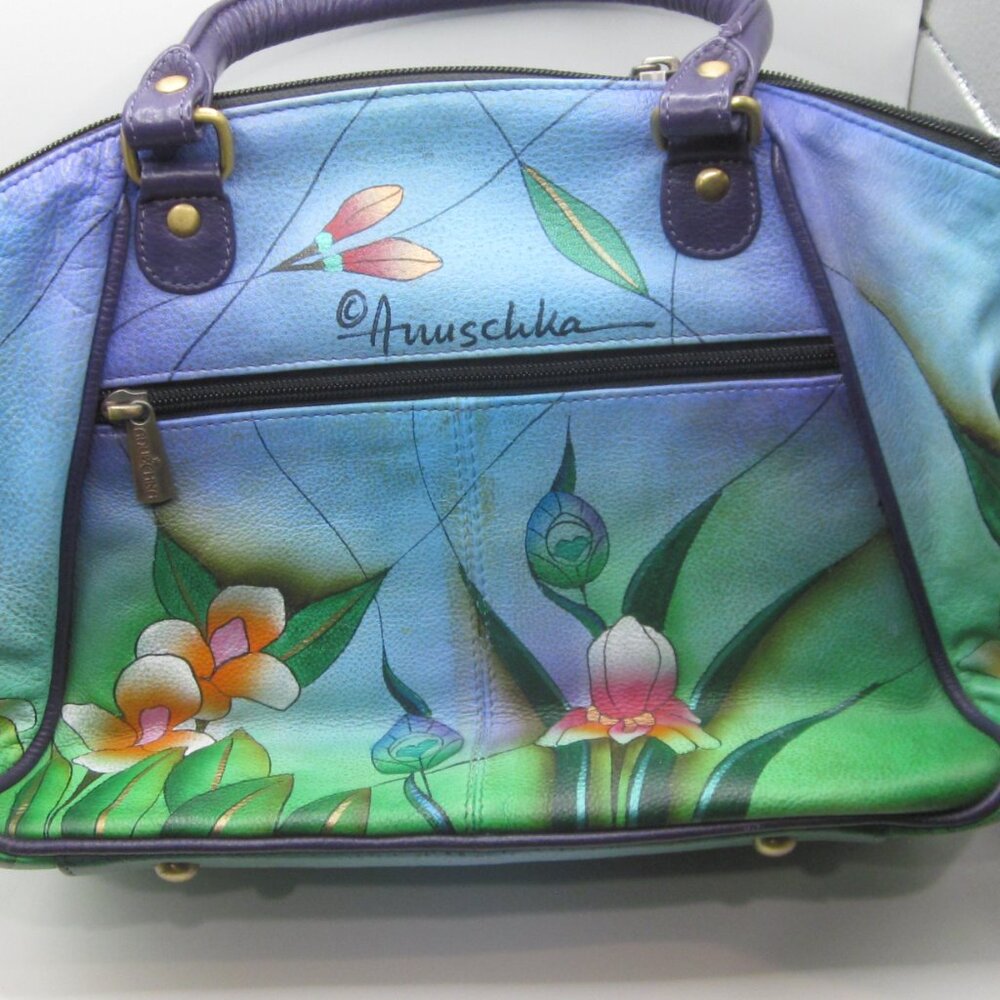 Anuschka Satchel Crossbody Bag Peacock Hand Painted - Picture 6 of 10